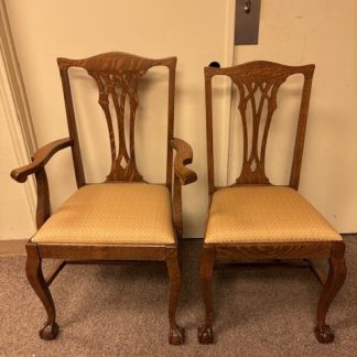 Quartersawn Oak Chippendale Clawfoot Dining Chairs, Rare Set of 10