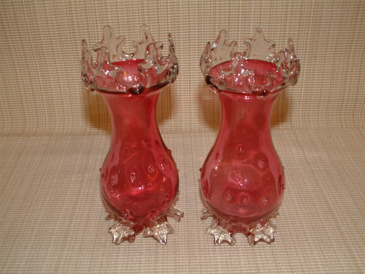 Cranberry Crystal Thorn Vases Pair