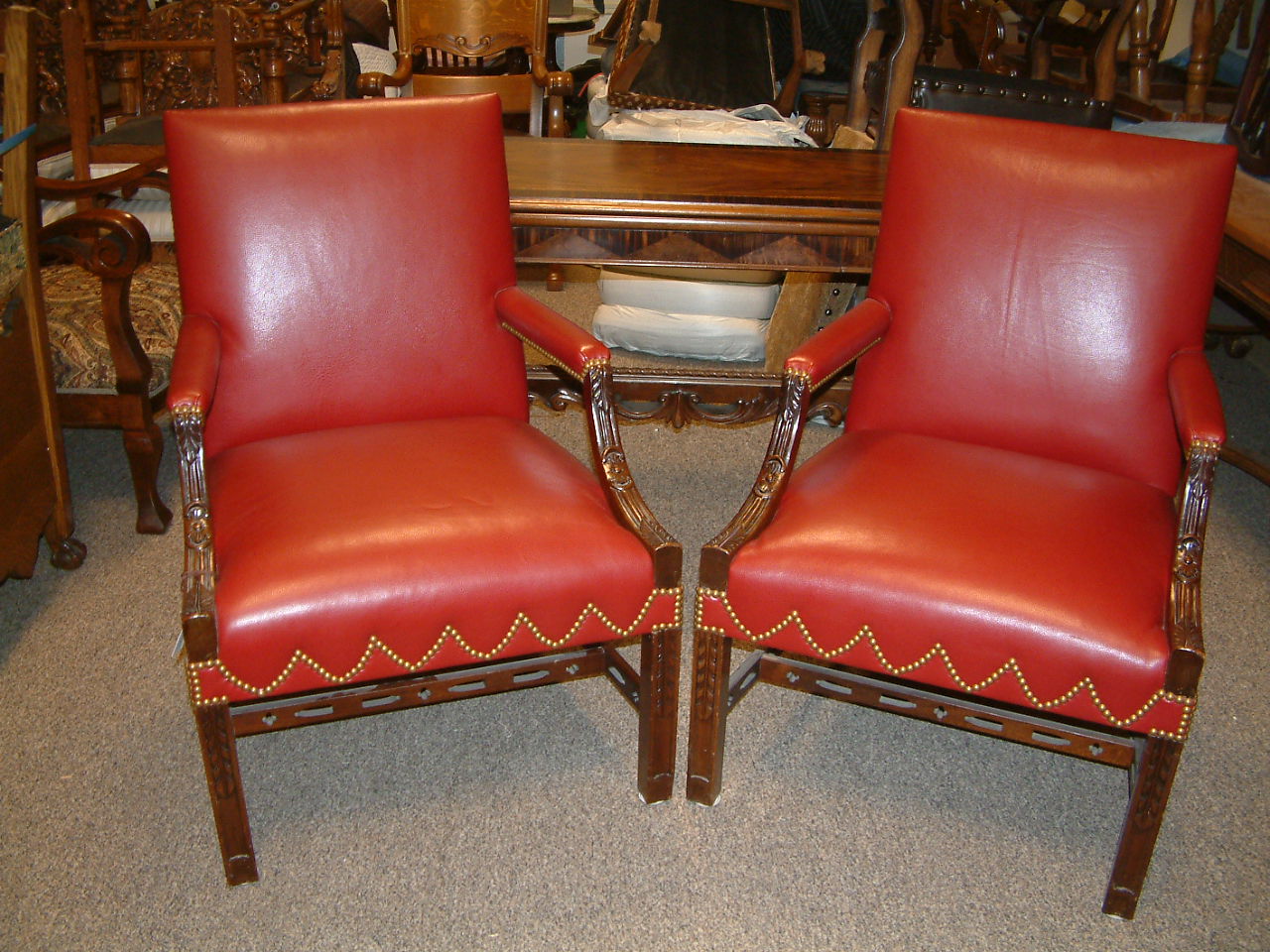 Walnut Carved Pair Leather Library Chairs OVERSIZED